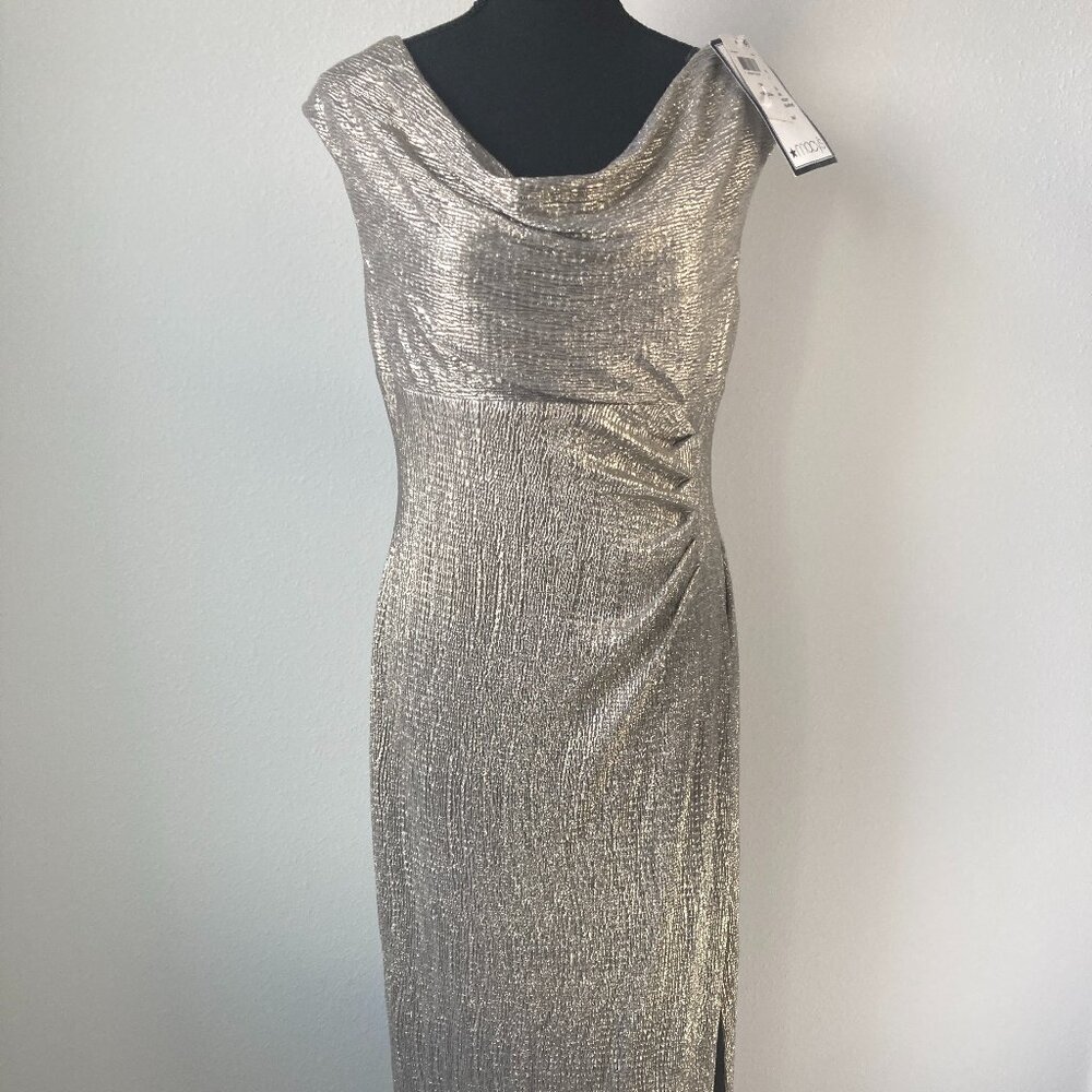 Connected Apparel Gold Maxi Dress with Cowl Neck & Side Slit – Size 10P